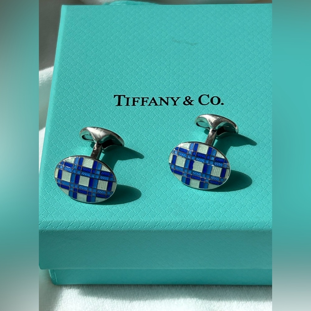 Tiffany & Co. Vintage Sterling Silver and Enamel Blue Plaid Cufflinks